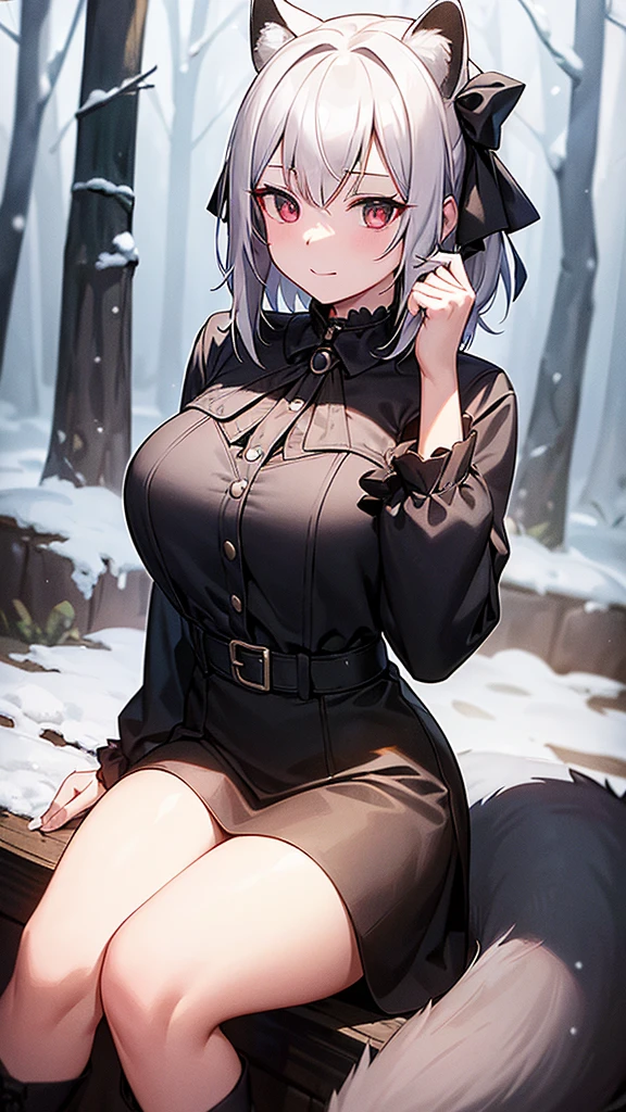 (work of art, best qualityer), 2d, 1 girl, medium sized breast, details Intricate, White hair, shorth hair, eyes black, gazing at viewer, Black raccoon ears, raccoon tail, black hair ribbon, hand on own face, Red shirt, black pants, cowboy shot, black trim, Black boots, sitting down, ssmile, gazing at viewer, gaping mouth, ever forward, forest background, choker, snowy background