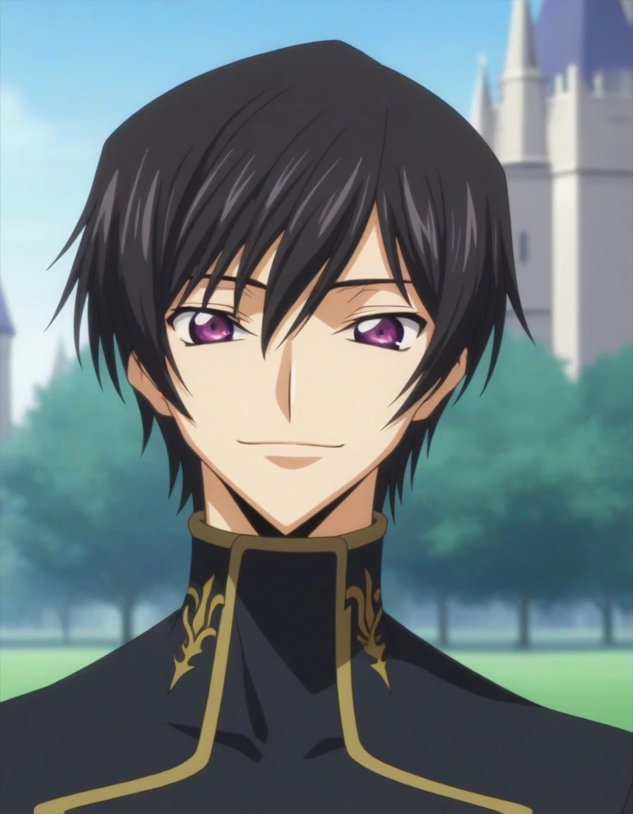 score_9, score_8_up, score_7_up, source_anime, rating_safe, intricate details, anime screencap, , , looking at viewer, depth of field, 1boy, solo, male focus, lelouch_lamperouge, black hair, purple eyes, bangs, smile, cute, black suit costume, castle, dusk.