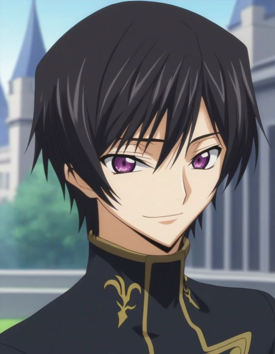 score_9, score_8_up, score_7_up, source_anime, rating_safe, intricate details, anime screencap, , , looking at viewer, depth of field, 1boy, solo, male focus, lelouch_lamperouge, black hair, purple eyes, bangs, smile, cute, black suit costume, castle, dusk.