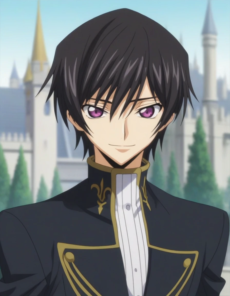 score_9, score_8_up, score_7_up, source_anime, rating_safe, intricate details, anime screencap, , , looking at viewer, depth of field, 1boy, solo, male focus, lelouch_lamperouge, black hair, purple eyes, bangs, smile, cute, black suit costume, castle, dusk.