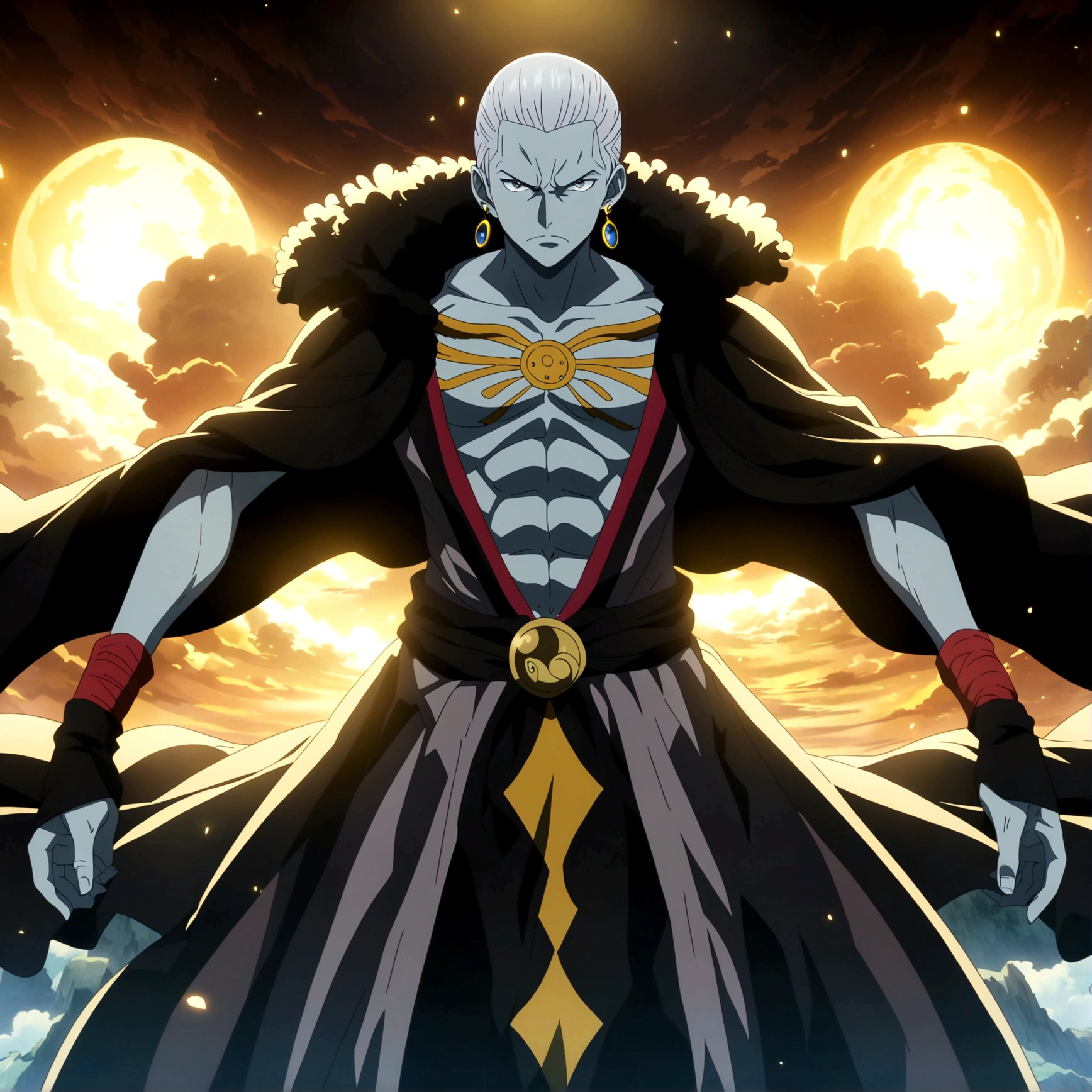 Male, gray skin, lean and defined body, gray hair shaved on the left side, gray eye, sun earring, cloak with sun symbol, serious expression, focus on the face, "Anime design inspired by One Piece, filled with dramatic and impressive lighting, infused with creative details, ultra-fine 2D design, scenery bathed in creativity, boasting 2D anime resolution clarity, HD anime graphics, high-octane rendering"