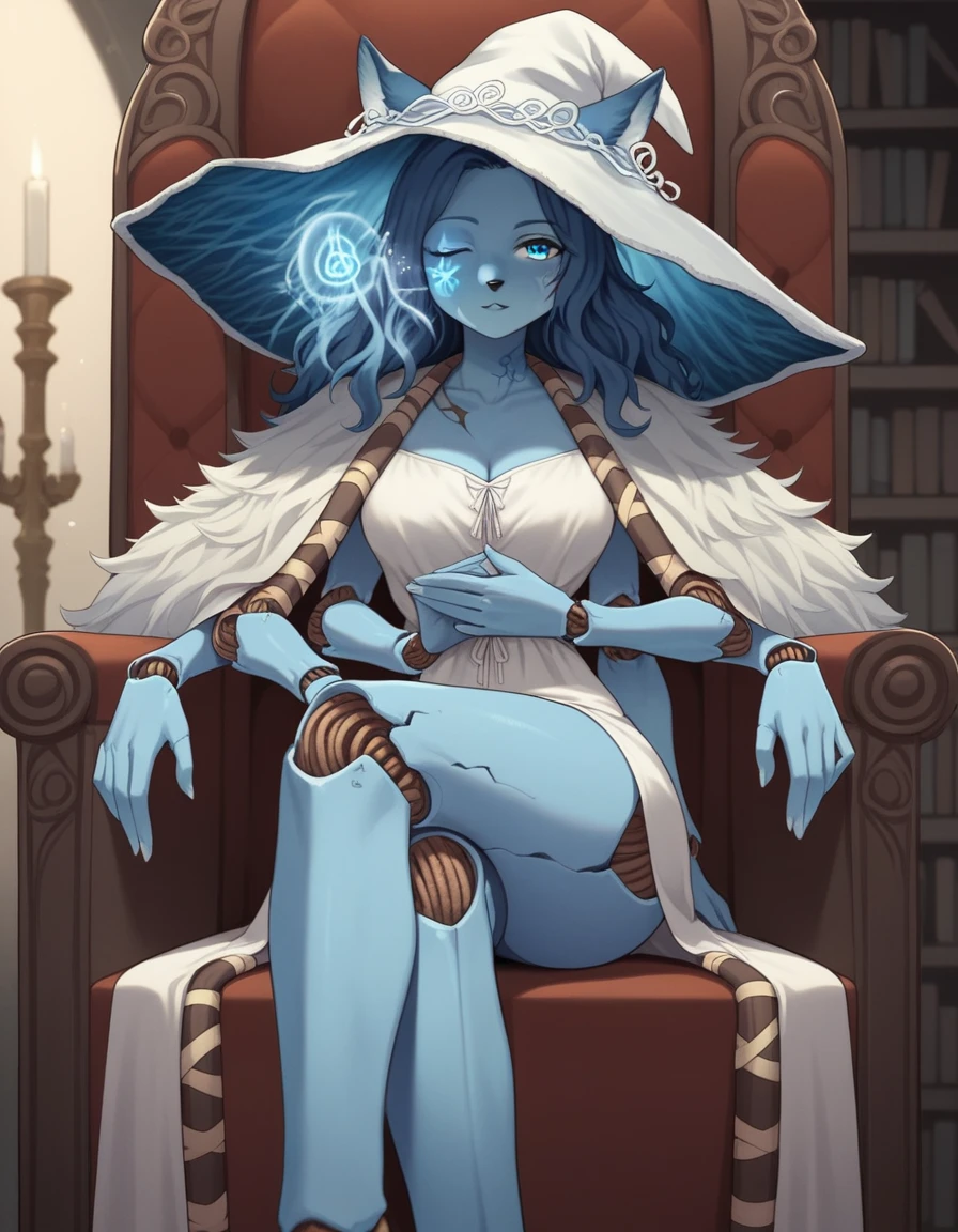 Score_9, score_8_up, score_7_up, , 1girl, solo, kemono style, ranni the witch from Elden Ring, one eye closed, magic symbol on closed eye, (she’s an Anthro furry blue fox girl, fox snout):1.4, black nose, wavy hair, cracked skin, colored skin, blue fur, extra arms, four arms, doll joints, dress, hat, cloak, sitting on a fancy throne, in a library, legs crossed, front view