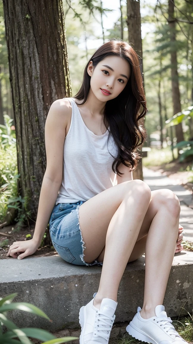 masterpiece, best quality, Surreal, Ultra Detailed, 8k resolution, RAW photos, Clear focus, (A girl in the forest),Asian woman in a blue top and white shorts posing for a photo,Breast augmentation, Full body posture, Solitary, Perfect body, Sexy, 32 inches in the chest,(a charming smile:1), (sexy pose),26 years old, light,White shoes,Nozomi Takemura, Oka Yasumoto, Chiho, Ogata Aoi, Motto Cave, Yoshitomo Nara, Kakinuchi Megumi, Harumi, Kojima De Ami, Beichuan Marin,