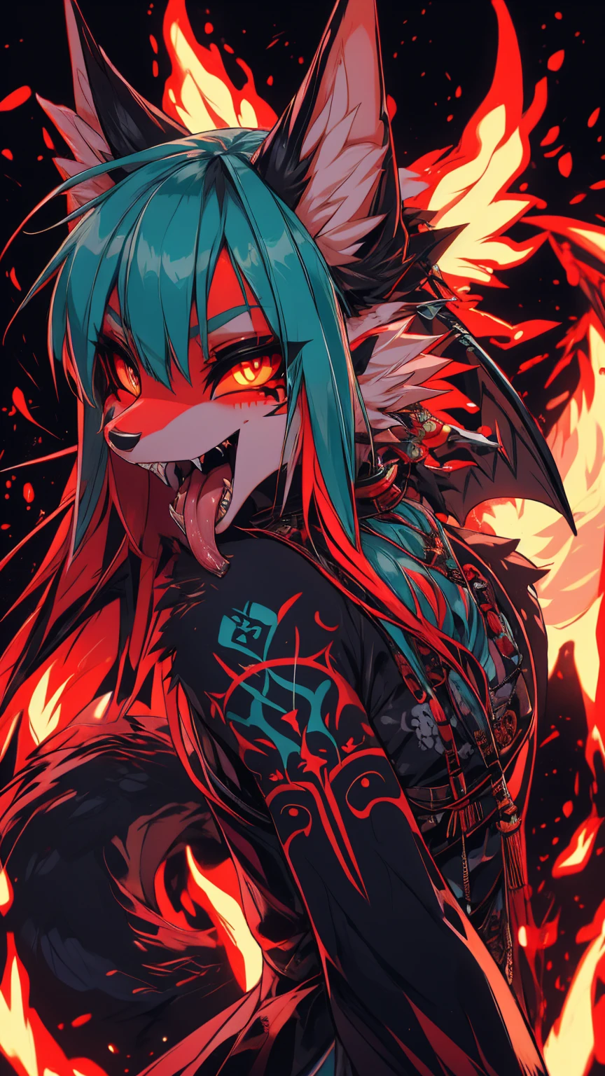 Miku Hatsune, add high definition_detail:1, blue fur,kitsune ears, tribal tattoo add_detail:1, in hell add_detail, batwigns add_detail Fer yokai kitsune, long snake tongue add_detail:1