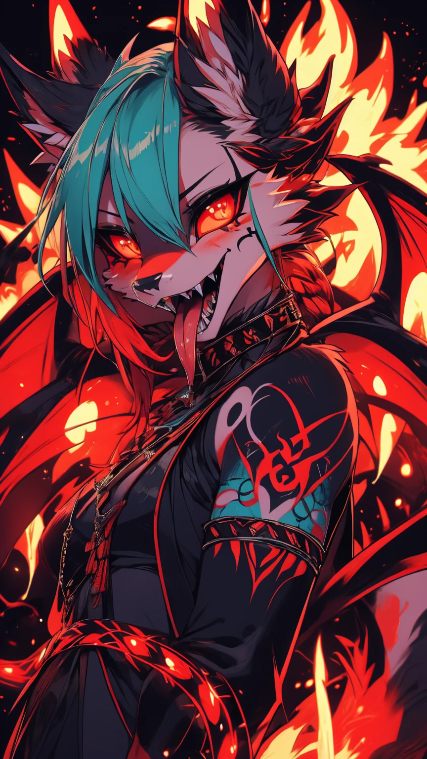 Miku Hatsune, add high definition_detail:1, blue fur,kitsune ears, tribal tattoo add_detail, diabolic girl, batwigns add_detail Ferocious fangs, sharp fangs, Demon yokai kitsune, long snake tongue add_detail:1