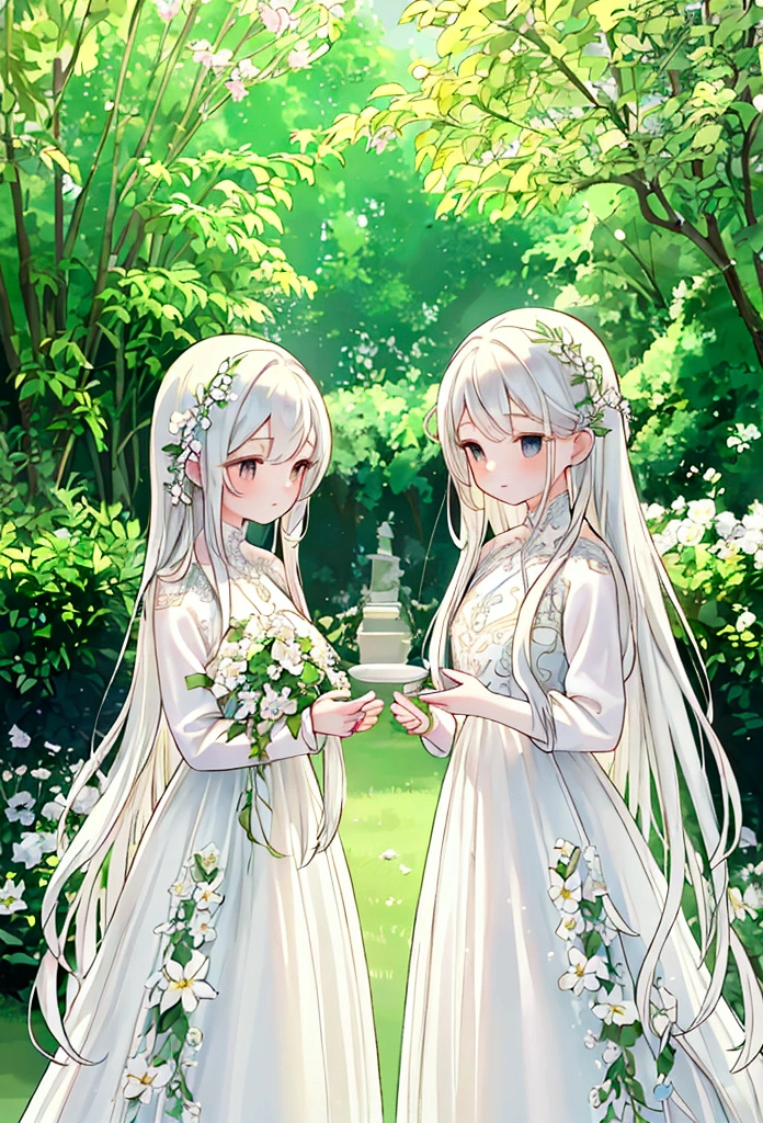 A beautiful girl in a garden, two elegant twin sisters, long flowing hair, detailed facial features, delicate porcelain skin, serene expression, white dresses, standing gracefully, flowers and lush greenery surroundings, natural lighting, warm color tones, highly detailed, award winning digital art, photorealistic, cinematic composition, 8K resolution