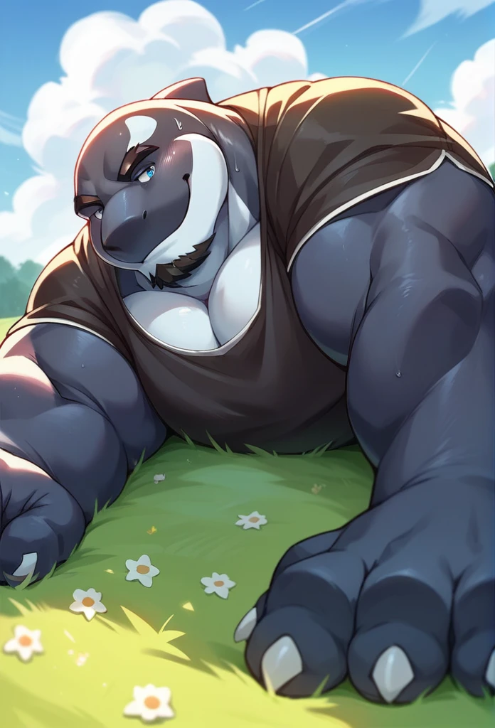NJ5furry, Orca，solitary，Beast field，chubby, Thick arms，Strong muscles，shorts，Plush，Chubby face，Black eyebrows，Sky blue eyes，beard，smirk:1.1，lying on the grass,on stomach, (from below:1.1)，Lie down，（shirt，shorts），Sunlight  ,  feet  ,（sweat）,by zixiong, Takemoto Arashi