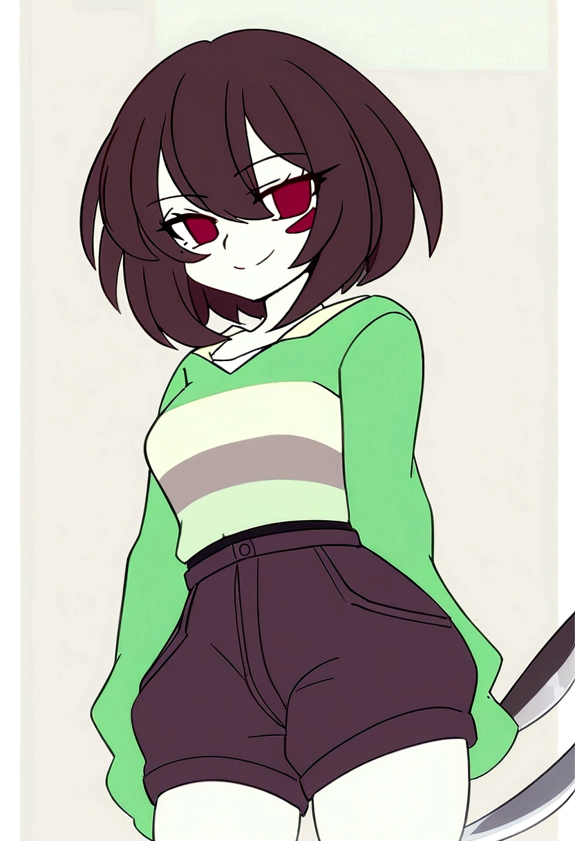 anime girl with a knife and a green shirt, [[[[grinning wickedly]]]], chara Dremmur, female protagonist 👀 :8, pose casual, with short hair, whole body portrait of a short!, anime moe art style, in anime style, whole body!, fully colored, yandere. Cao Cao