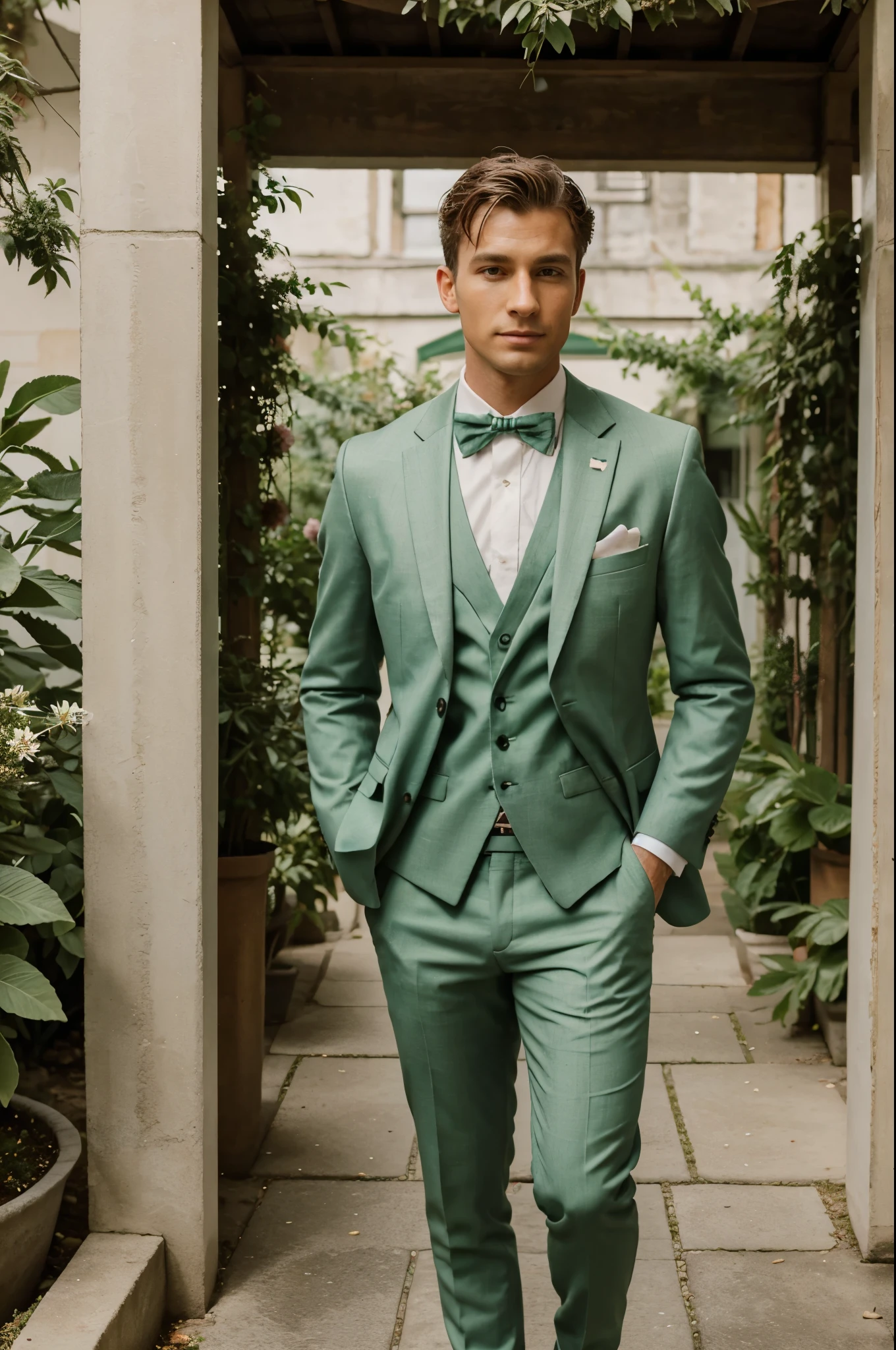 Green sage Bohem chic suit for man with floral bow tie for wedding. The bow tie is made of floral fabric. The man is standing in an floral garden