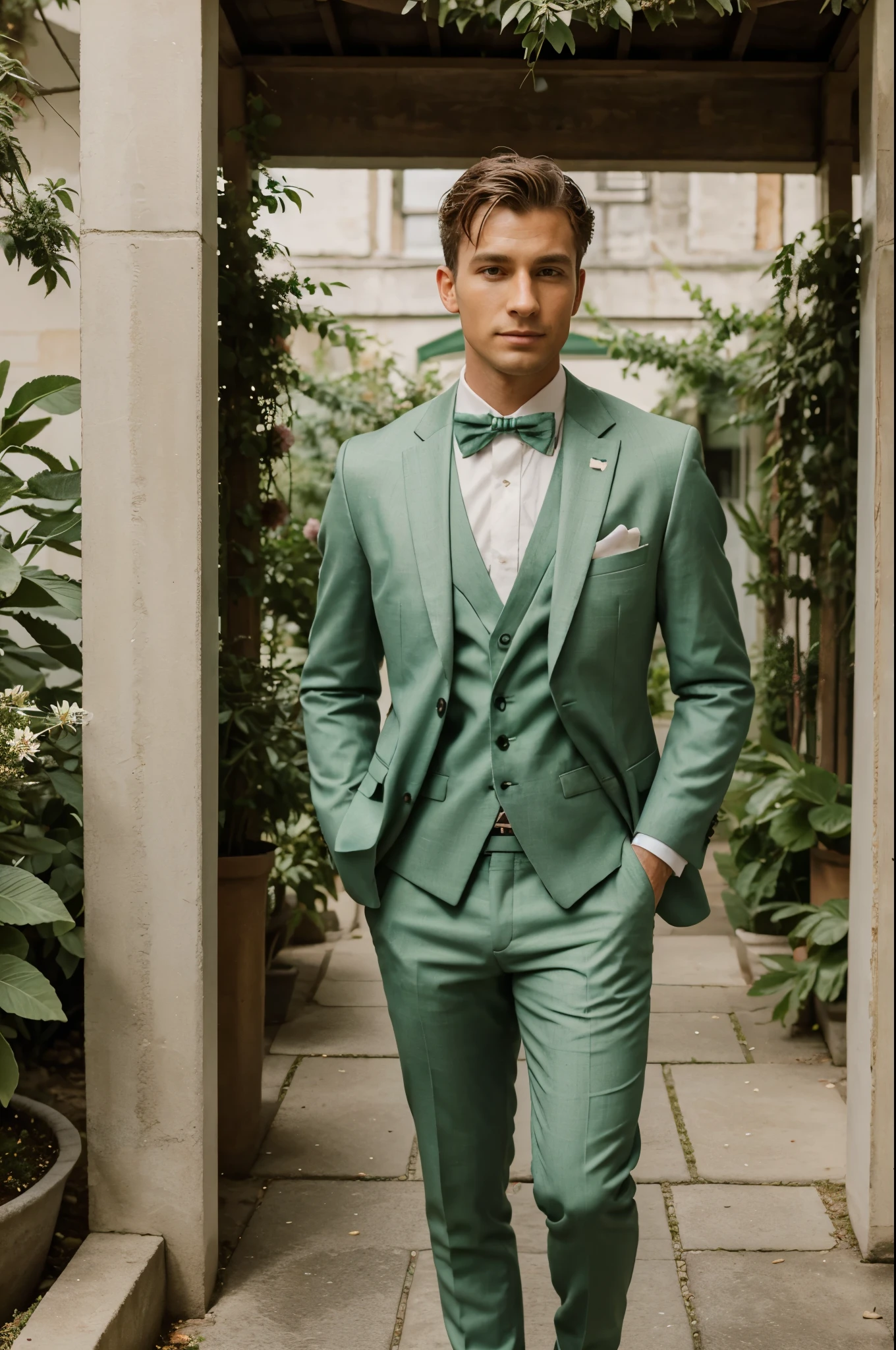 Green sage Bohem chic suit for man with floral bow tie for wedding. The bow tie is made of floral fabric. The man is standing in an floral garden
