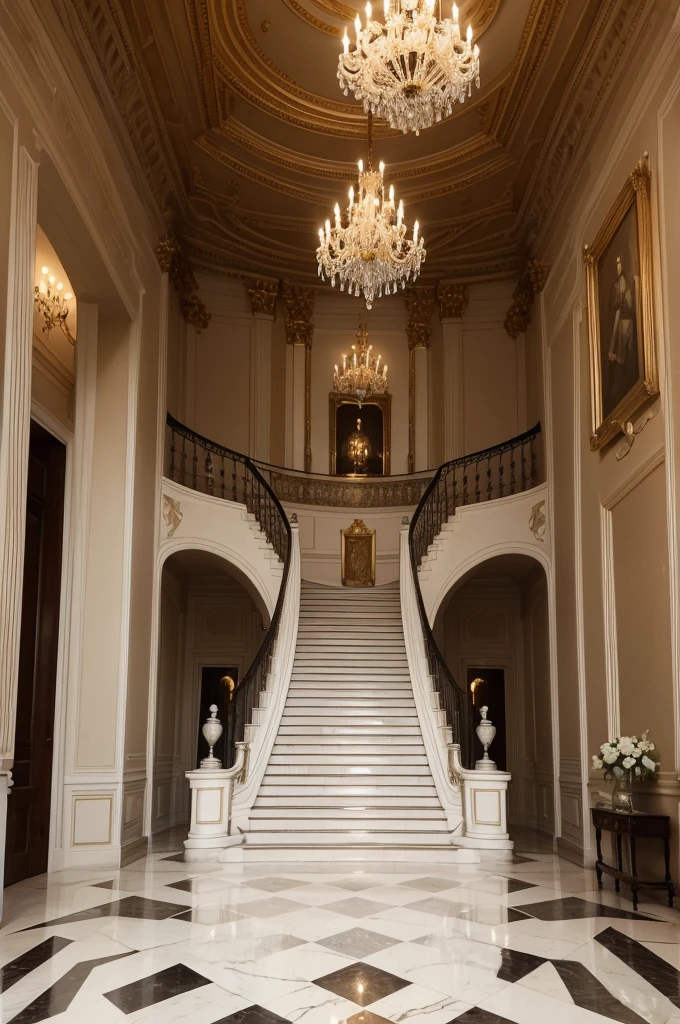 revealing a large entrance hall with a staircase curving upwards to the left. The inside of the house was as opulent as the outside., with marble floor, crystal chandeliers and expensive artwork adorning the walls.*