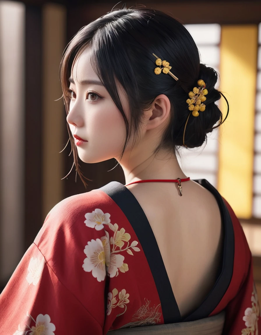 a beautiful japanese girl, middle long black tidy hair, hairpin, detailed tattoo on bare back, solemn expression, traditional red kimono with yellow stripe, dramatic lighting, photorealistic, ultra-detailed, realistic, vivid colors, concept art, best quality, 8k, highres, masterpiece, physically-based rendering, extreme detail description, professional