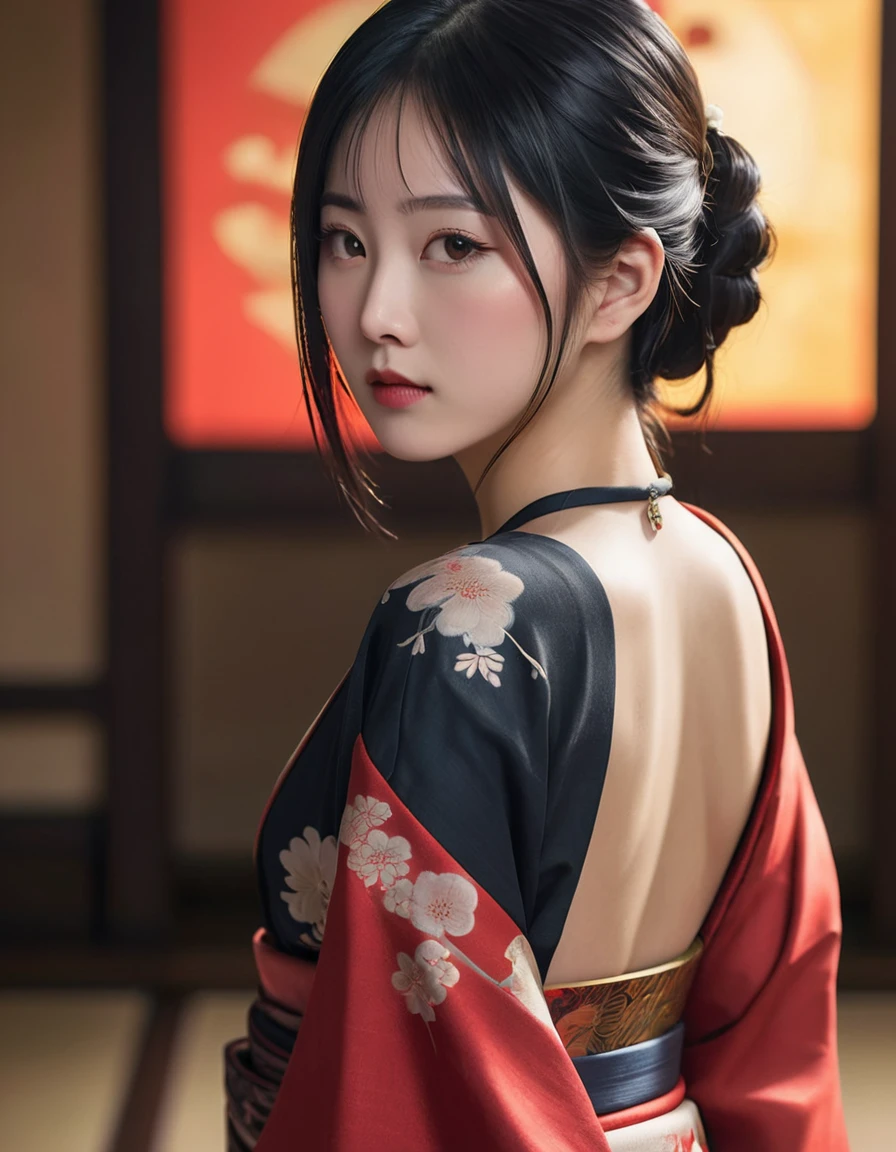 a beautiful japanese girl, middle long black tidy hair, hairpin, detailed tattoo on bare back, solemn expression, traditional red kimono with yellow stripe, dramatic lighting, photorealistic, ultra-detailed, realistic, vivid colors, concept art, best quality, 8k, highres, masterpiece, physically-based rendering, extreme detail description, professional