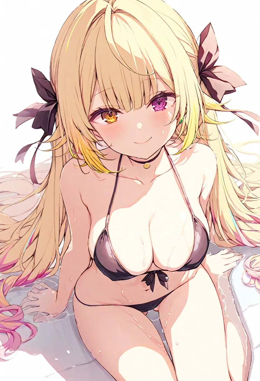 (muste piece), (best quality), very detailed eyes, expressive eyes, perfect face, very detailed face, highly detailed face, beautiful girl, 8K, beautiful girl, white background, delicate and beautiful face and eyes, dark intense shadow, 
1 girl, vtuber style, cool girl, Nijisanji, Hoshikawa Sara, blond hair, low twintails, sailor bikini, string bikini, big chest, cropped shoulders, clavicle, wet body, one eye close winking, smile, body visible through clothes, chest visible through clothes, ass visible through thighs, (full body), barefoot, naked thighs, sitting, open legs wide,