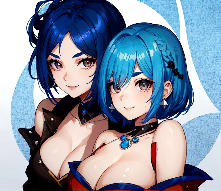 A young woman with short, bright blue hair. Her hair is styled straight and falls freely around her shoulders. She has a round face with large, bright brown eyes. She also has thick eyebrows and thin lips. She is wearing blue stud earrings that match her hair. She is smiling and looking at the camera with a friendly and cheerful expression.