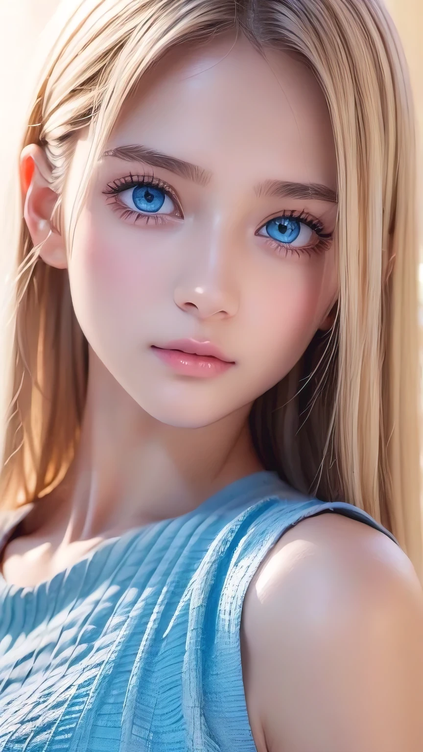 Dressed、(Photorealistic:1.4)、(ハイパーRealistic:1.4)、(Realistic:1.3)、(Smooth lighting:1.05)、(Improved cinematic lighting quality:0.9)、32k、1 Girl、Very cute expression、A beautiful 16 year old blonde girl、Bangs over the eyes、Realistic top lighting、Backlight、Face Light、Super long silky platinum hair、Blonde rays、(Bright light:1.2)、(quality improvement:1.4)、(Highest quality realistic textured skin:1.4)、Very beautiful detailed large shining light blue eyes、Very big eyes、Detailed face、A careful eye for quality、(Tired, sleepy and satisfied: 0.0)、Face close up、T-Shirts、(Enhances the body line:1.1)、(Enhances the beauty of skin texture:1.1)、Cheek gloss highlighter