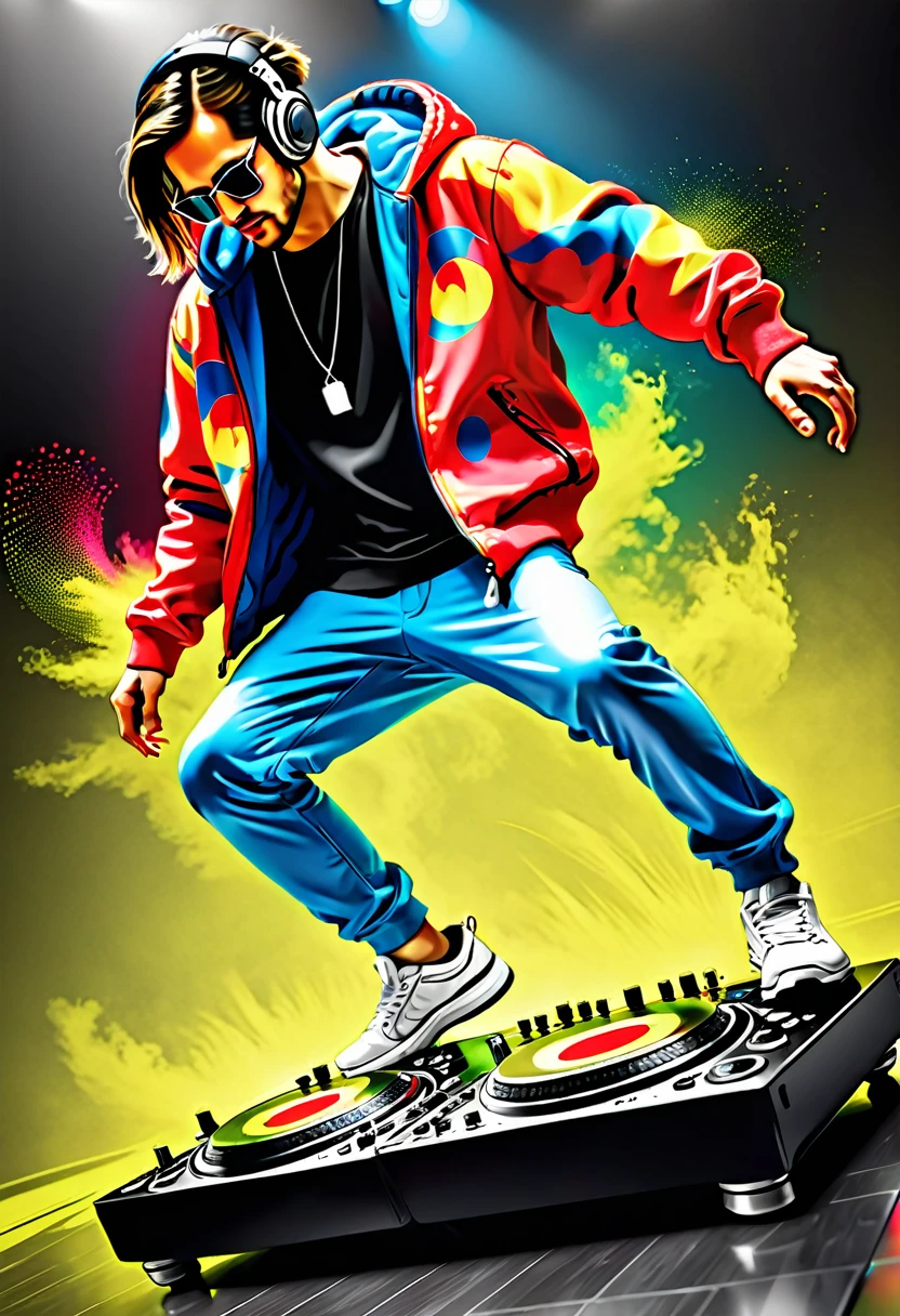 dj, music, dancing, 8k, super detailed, Selective Colour Photography, digital art