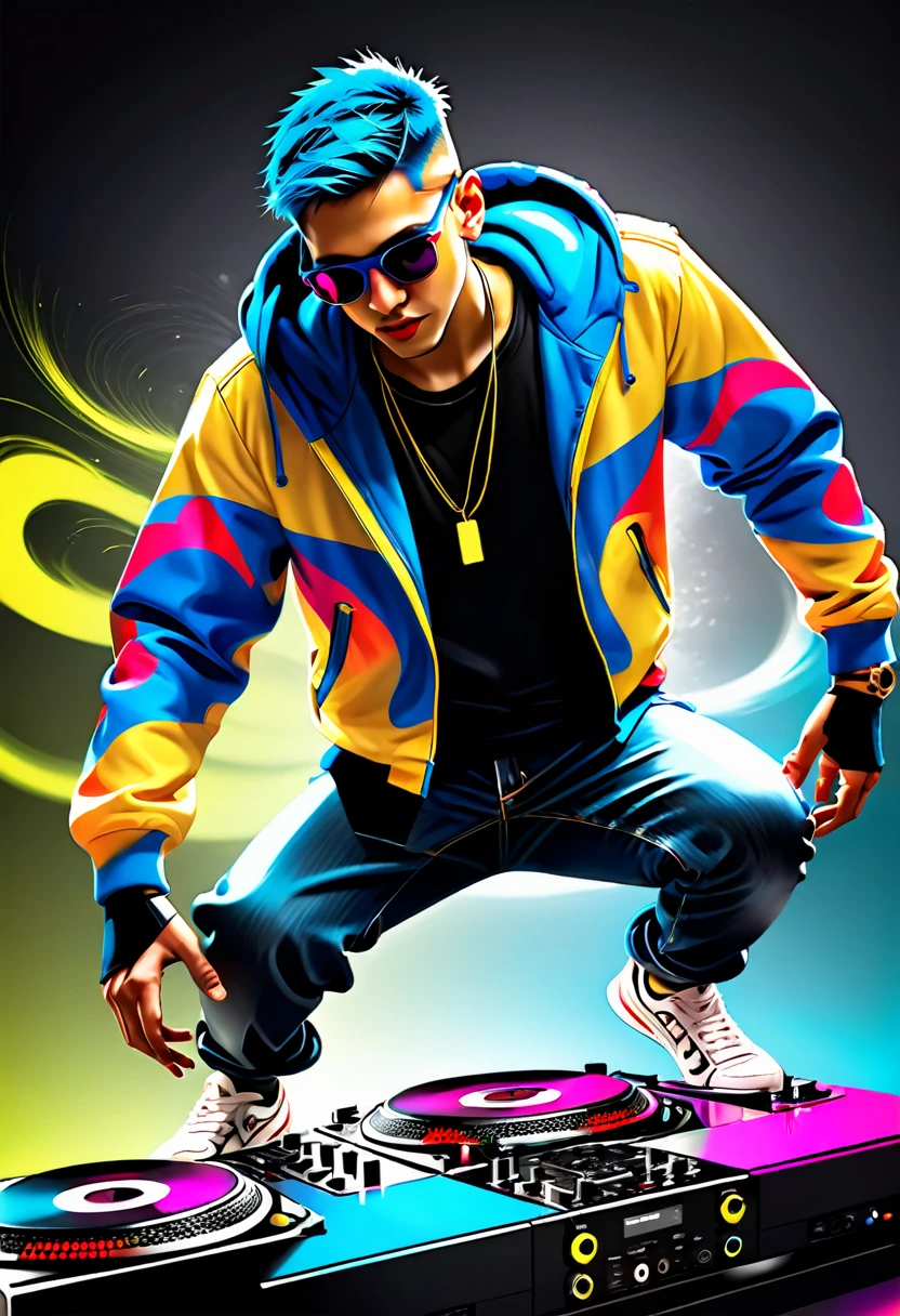 dj, music, dancing, 8k, super detailed, Selective Colour Photography, digital art