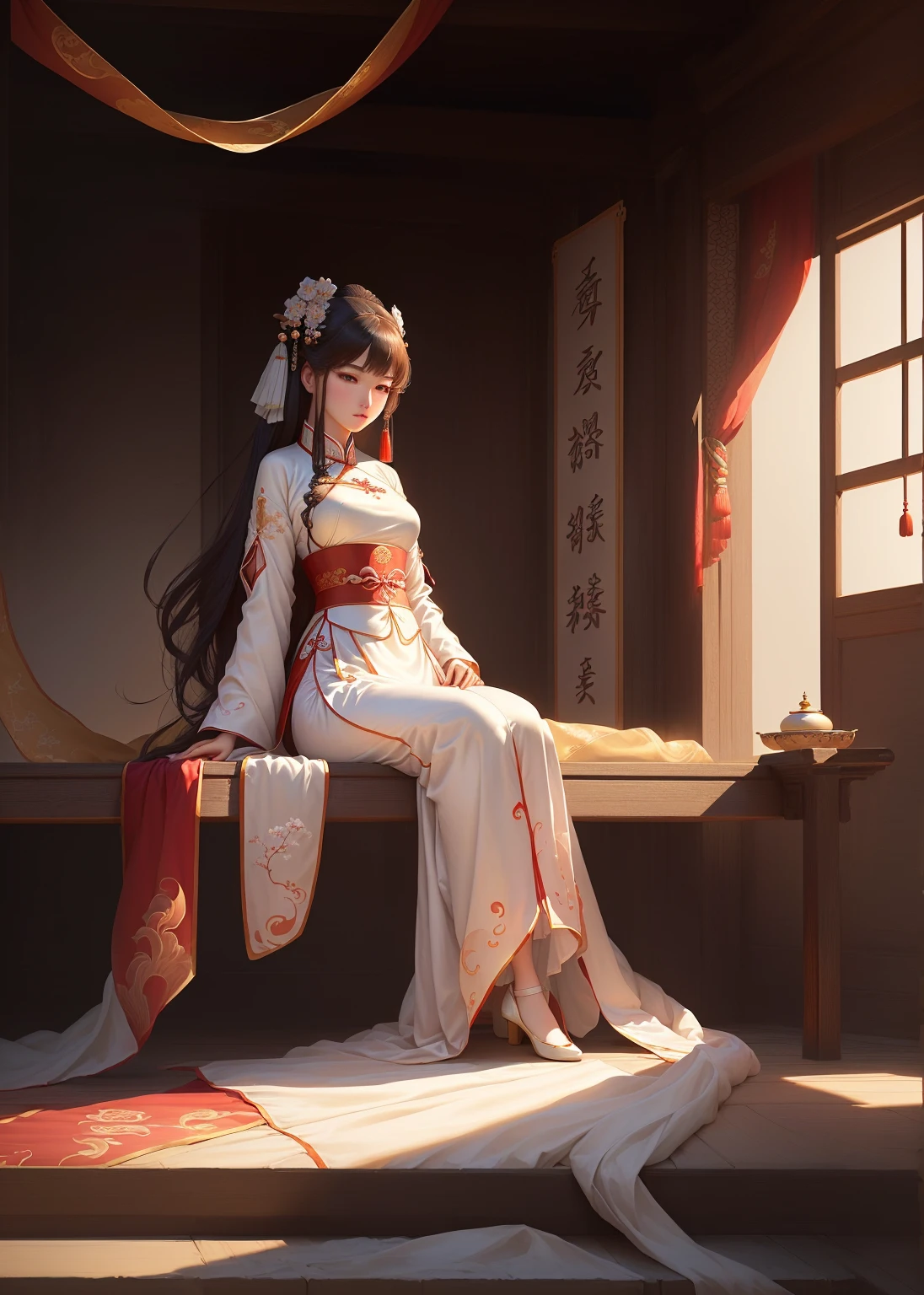 A woman sits on a bench in the room, palace , Girl wearing Hanfu, Gu Weiss, Popular on cgstation, artwork in the style of Gu Weiss, Gu Weiss masterpiece, Beautiful character painting, Wearing Chinese clothes, Elegant posture, Gu Weiss on artstation pixiv, Beautiful rendering of the Tang Dynasty