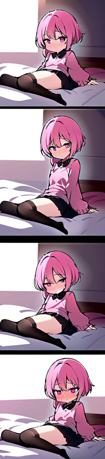 pink hair black glasses pink eyes extremely blushing a big pink sweater short black skirt black stockings be a reserved girl her bed