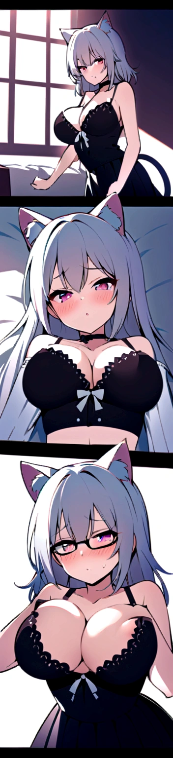 Girl with white hair, cat ears, black glasses, blushing extremely, she has put on a bra if her breasts are small, grabbing her breasts, a black skirt, a cat tail with black stockings on the bed