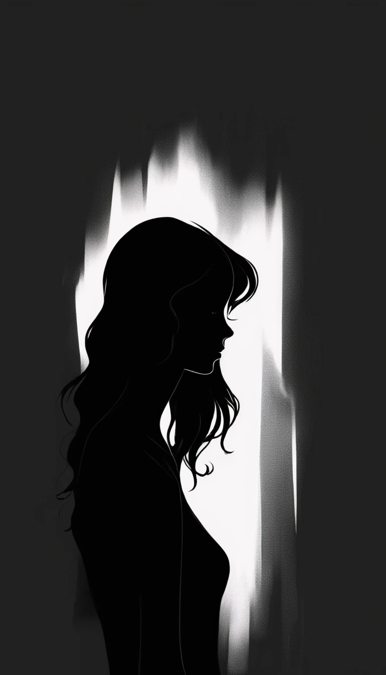 black silhouette of a woman who is sad, depressed and hurt. manga style, digital art, by Marshall Arisman, cover illustration, 70mm, 7 0 mm, 70 mm, book cover illustration, by Brigette Barrager, album cover, novel cover art for a book, art concept for a book cover, cover art, 7 feet tall,