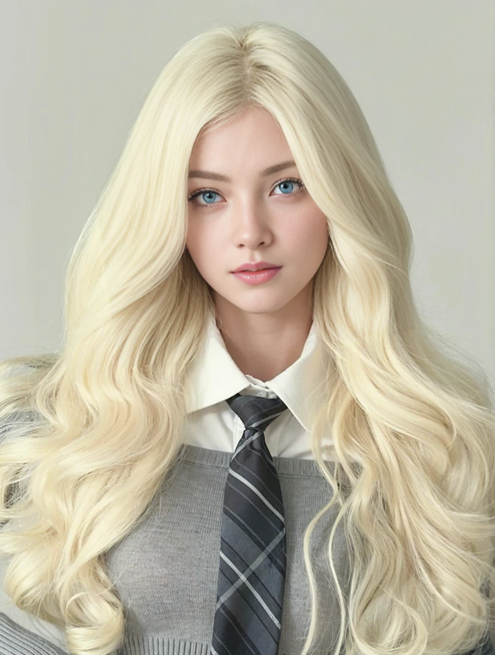 there are a blond woman with blue eyes, neutral expression, blonde hair, eyes blue,