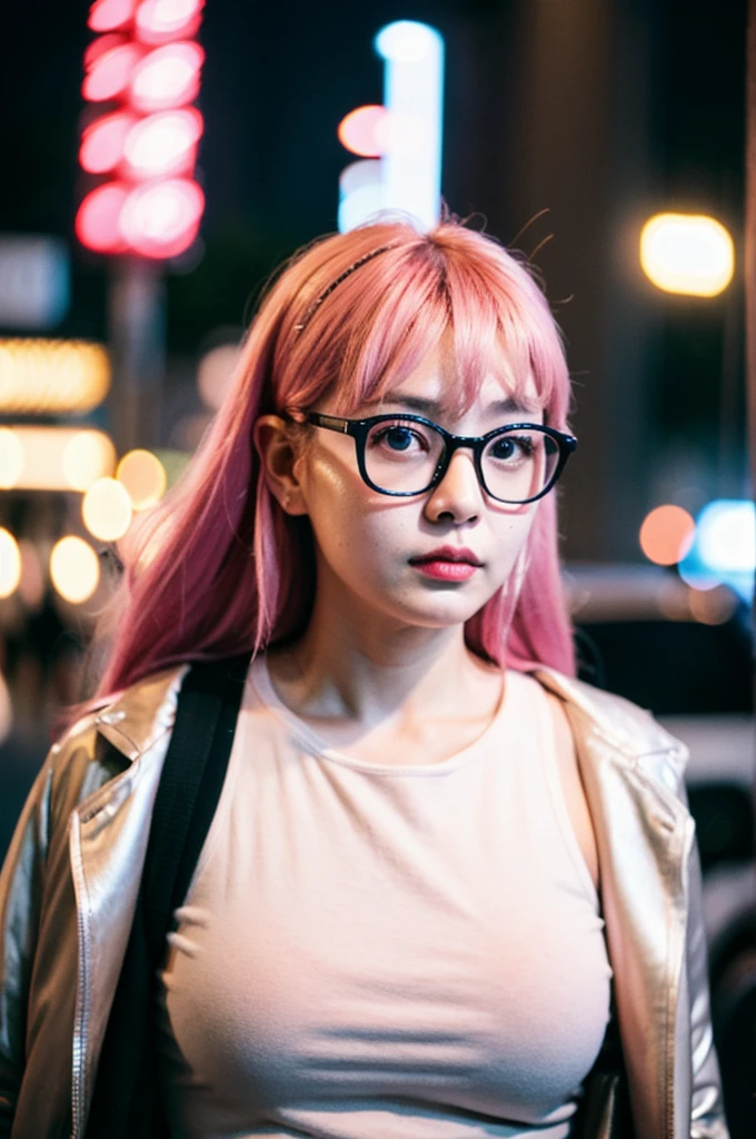 (Cinematic Aesthetic:1.4) Photo of a beautiful korean fashion model bokeh city night with glasses pink hair japan