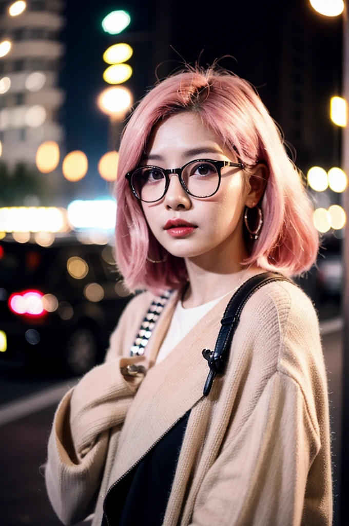 (Cinematic Aesthetic:1.4) Photo of a beautiful korean fashion model bokeh city night with glasses pink hair japan