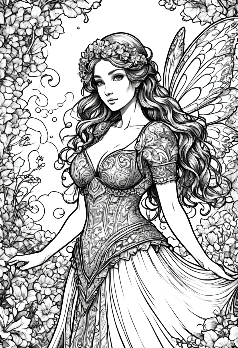 a fairy with gigantic breast in a ornamental outfit posing in a garden, wearing an ornate outfit, wearing ornate clothing, clean line art, white background, colouring page, clean outline, sketch style, floral frame, decorative panel, abstract ,sketch, character lines and scenes without colors and shadows. (Masterpiece, Best Quality, Highres:1.4), Detailed, Intricate Details, 4K, color splashes, line art