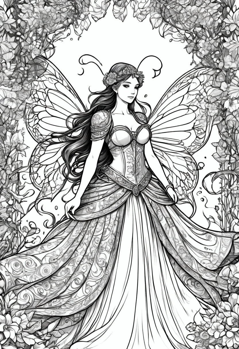 a fairy with gigantic breast in a ornamental outfit posing in a garden, wearing an ornate outfit, wearing ornate clothing, clean line art, white background, colouring page, clean outline, sketch style, floral frame, decorative panel, abstract ,sketch, character lines and scenes without colors and shadows. (Masterpiece, Best Quality, Highres:1.4), Detailed, Intricate Details, 4K, color splashes, line art