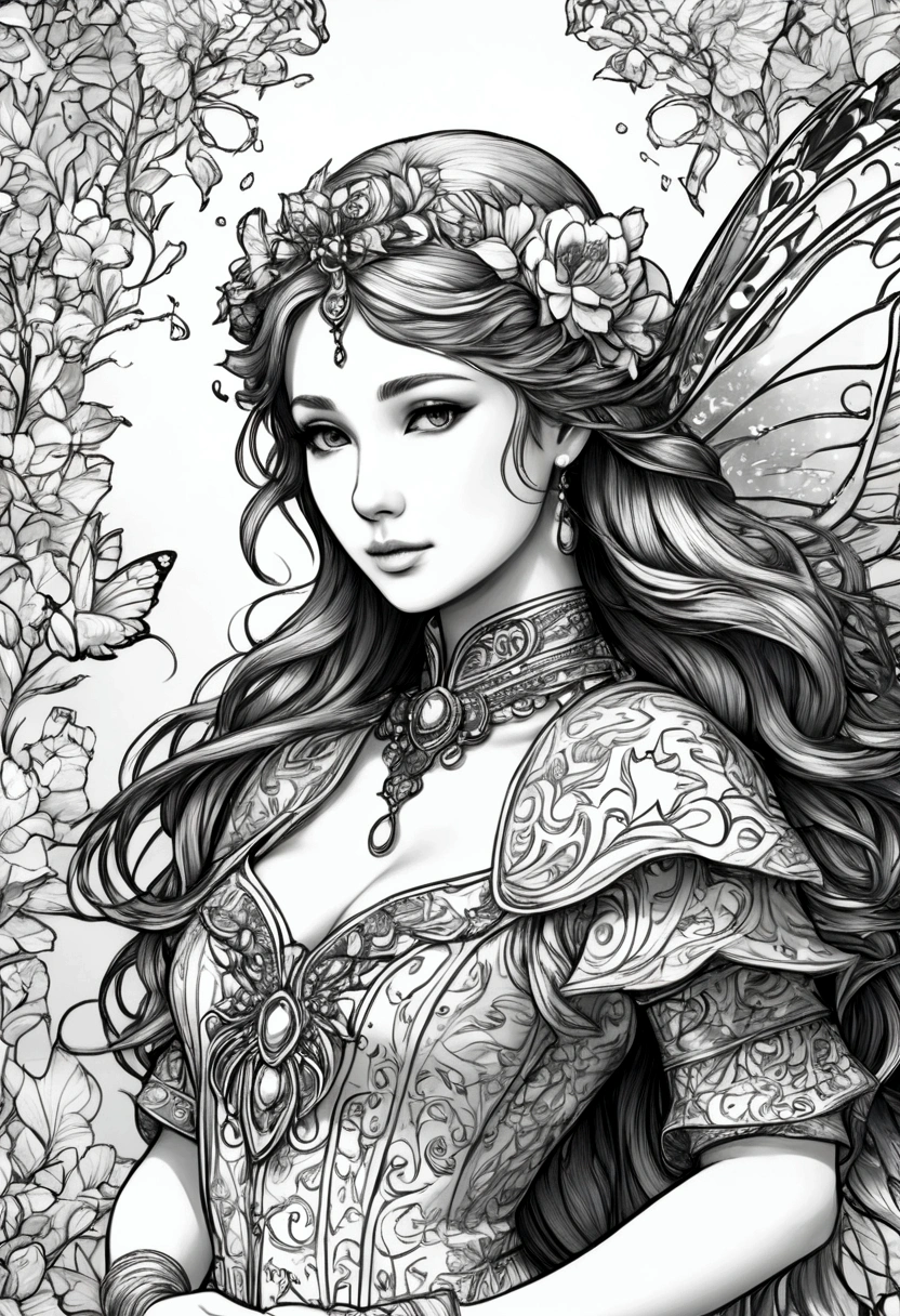 a fairy with gigantic breast in a ornamental outfit posing in a garden, wearing an ornate outfit, wearing ornate clothing, clean line art, white background, colouring page, clean outline, sketch style, floral frame, decorative panel, abstract ,sketch, character lines and scenes without colors and shadows. (Masterpiece, Best Quality, Highres:1.4), Detailed, Intricate Details, 4K, color splashes, line art