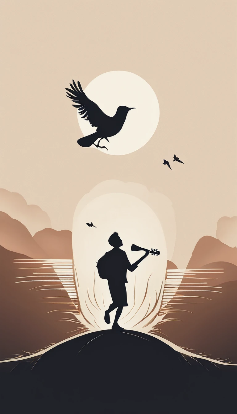 Create a modern, minimalistic logo design for a brand about music and movies called " Penamemoria". The logo must be in minimalistic style and convey a sense of storytelling. The logo is the silhouette of a boy and a bird. The boy is running with open arms, holding an acoustic guitar in the right hand and a bird feather in the left hand. Minimalistic logo design impressed on a book cover
