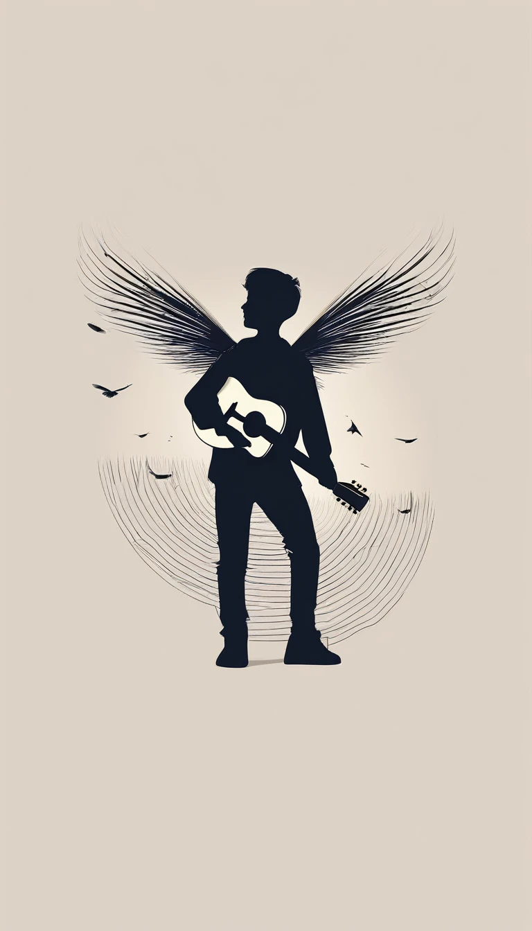 Create a modern, minimalistic logo design for a brand about music and movies called " Penamemoria". The logo must be in minimalistic style and convey a sense of storytelling. The logo is the silhouette of a boy and a bird. The boy is running with open arms, holding an acoustic guitar in the right hand and a bird feather in the left hand. Minimalistic logo design impressed on a book cover