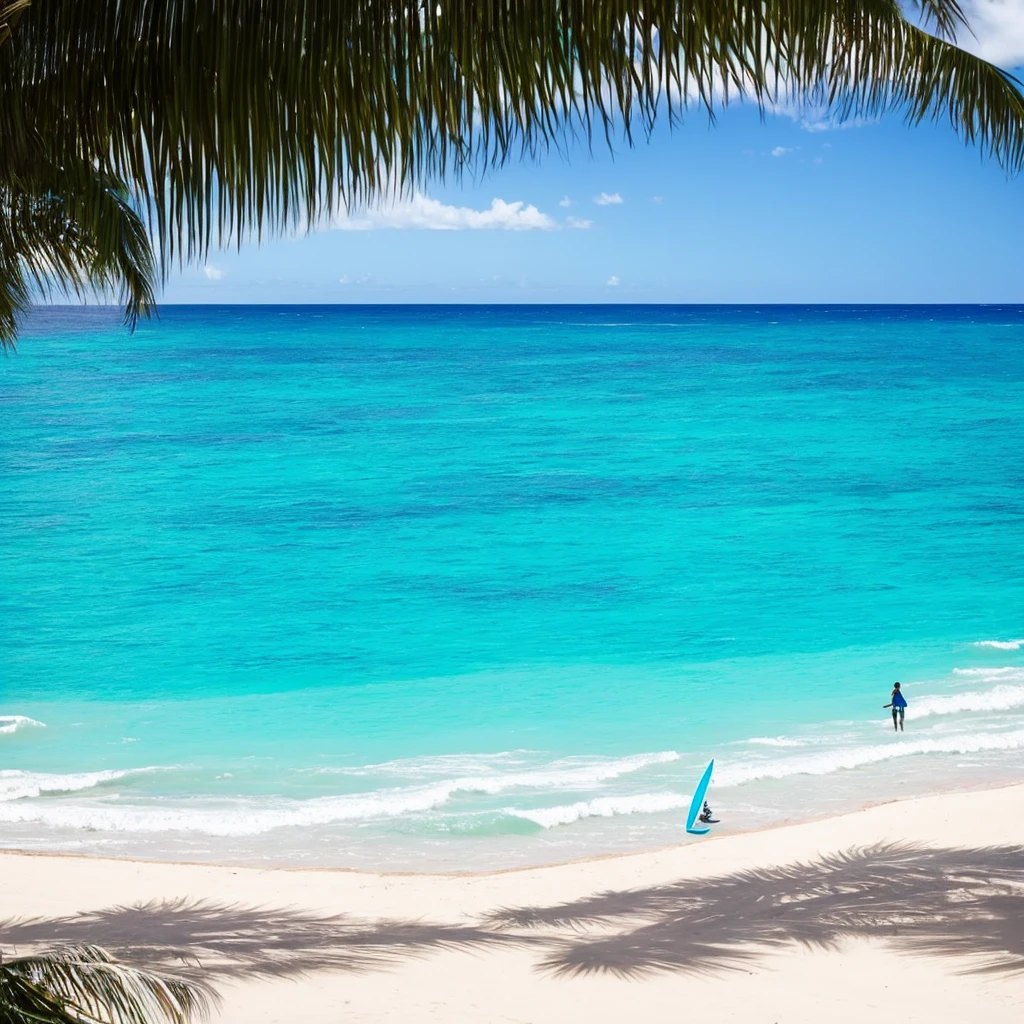 there is a man standing on the beach with a surfboard, carribean turquoise water, blue waters, turquoise water, turquoise ocean, the ocean in the background, a photo of the ocean, azure blue water, ocean in the background, varadero beach, clear blue water, shades of blue, ocean shoreline on the horizon, azure water, hawaii beach