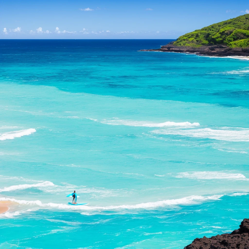 there is a man standing on the beach with a surfboard, carribean turquoise water, blue waters, turquoise water, turquoise ocean, the ocean in the background, a photo of the ocean, azure blue water, ocean in the background, varadero beach, clear blue water, shades of blue, ocean shoreline on the horizon, azure water, hawaii beach