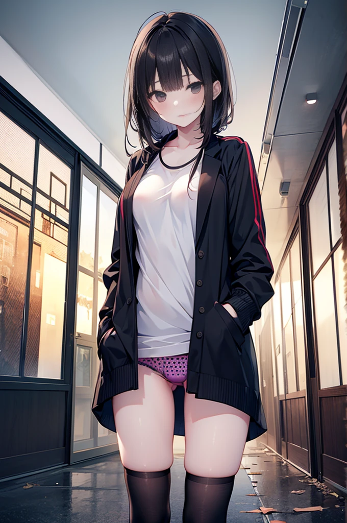 garteners, Girls under 100cm tall, naked, Small breasts, Patterned cotton panties, Fabric Realism, Black Hair, No jacket, Abandoned school building at night