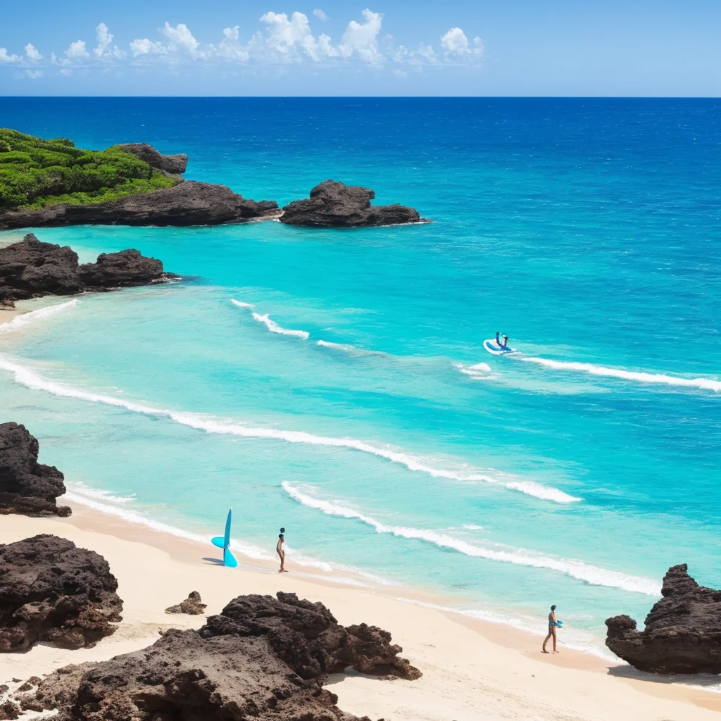 there is a man standing on the beach with a surfboard, carribean turquoise water, blue waters, turquoise water, turquoise ocean, the ocean in the background, a photo of the ocean, azure blue water, ocean in the background, varadero beach, clear blue water, shades of blue, ocean shoreline on the horizon, azure water, hawaii beach