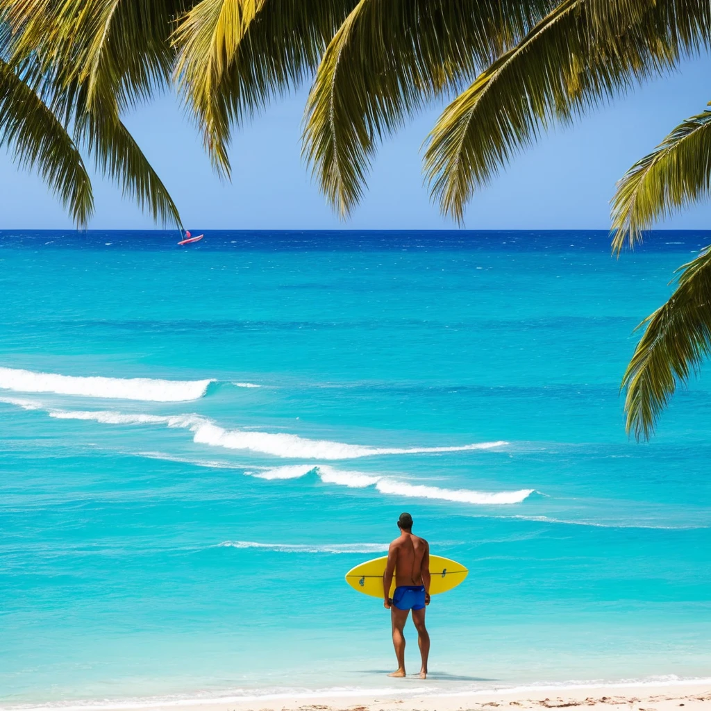 there is a man standing on the beach with a surfboard, carribean turquoise water, blue waters, turquoise water, turquoise ocean, the ocean in the background, a photo of the ocean, azure blue water, ocean in the background, varadero beach, clear blue water, shades of blue, ocean shoreline on the horizon, azure water, hawaii beach