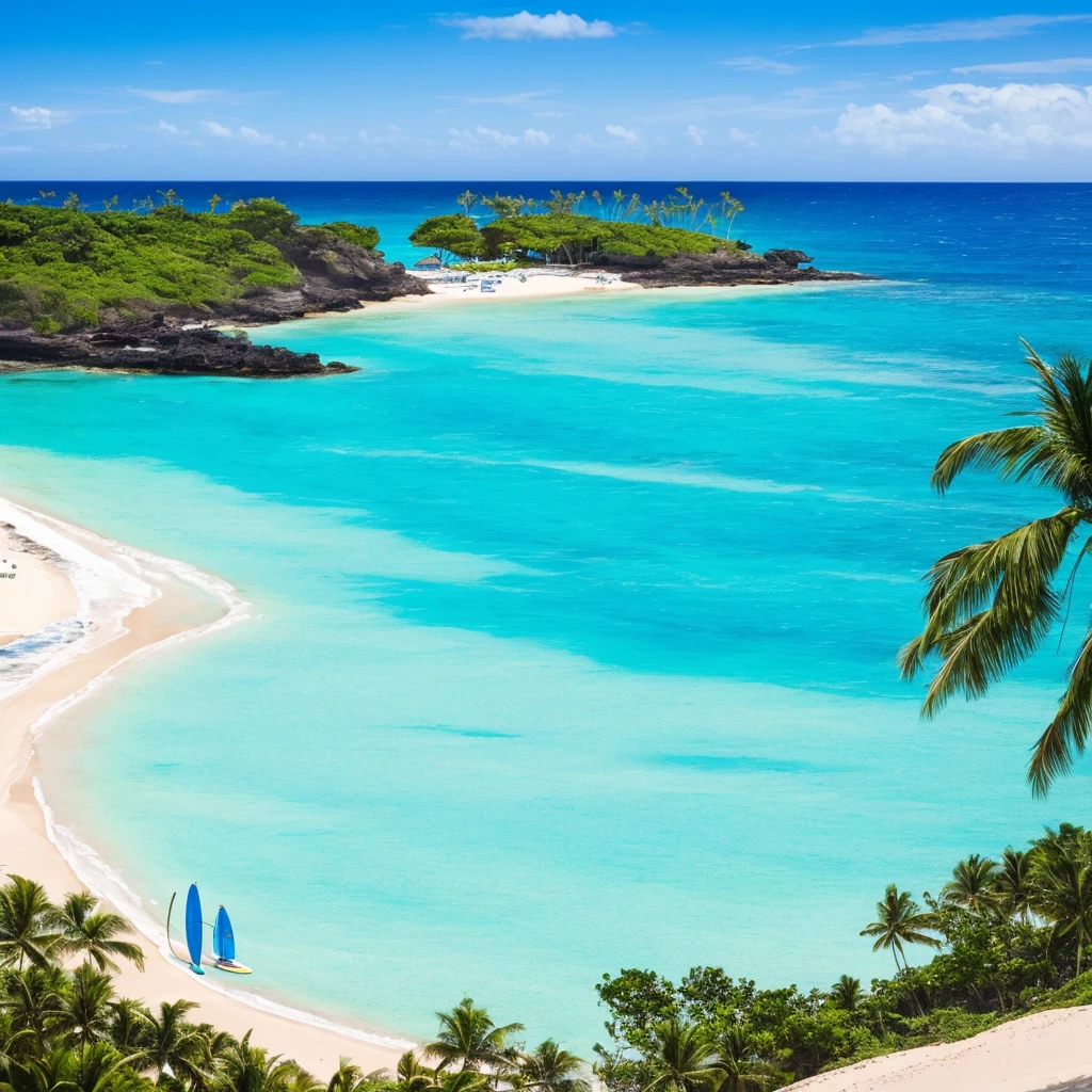 there is a man standing on the beach with a surfboard, carribean turquoise water, blue waters, turquoise water, turquoise ocean, the ocean in the background, a photo of the ocean, azure blue water, ocean in the background, varadero beach, clear blue water, shades of blue, ocean shoreline on the horizon, azure water, hawaii beach