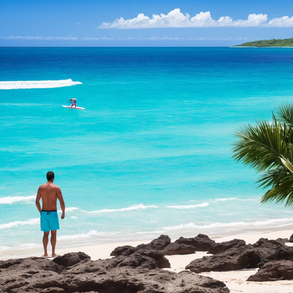 there is a man standing on the beach with a surfboard, carribean turquoise water, blue waters, turquoise water, turquoise ocean, the ocean in the background, a photo of the ocean, azure blue water, ocean in the background, varadero beach, clear blue water, shades of blue, ocean shoreline on the horizon, azure water, hawaii beach