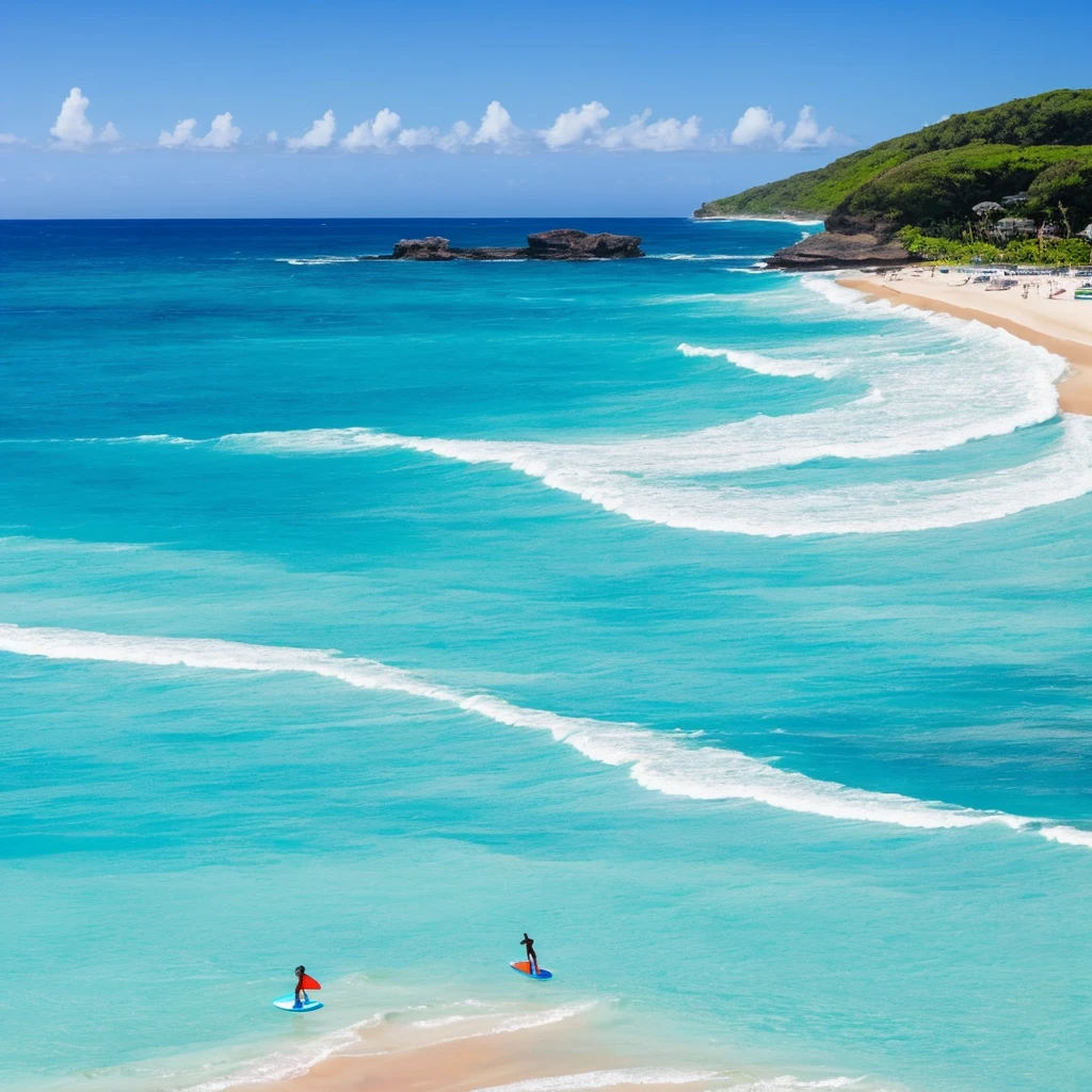 there is a man standing on the beach with a surfboard, carribean turquoise water, blue waters, turquoise water, turquoise ocean, the ocean in the background, a photo of the ocean, azure blue water, ocean in the background, varadero beach, clear blue water, shades of blue, ocean shoreline on the horizon, azure water, hawaii beach