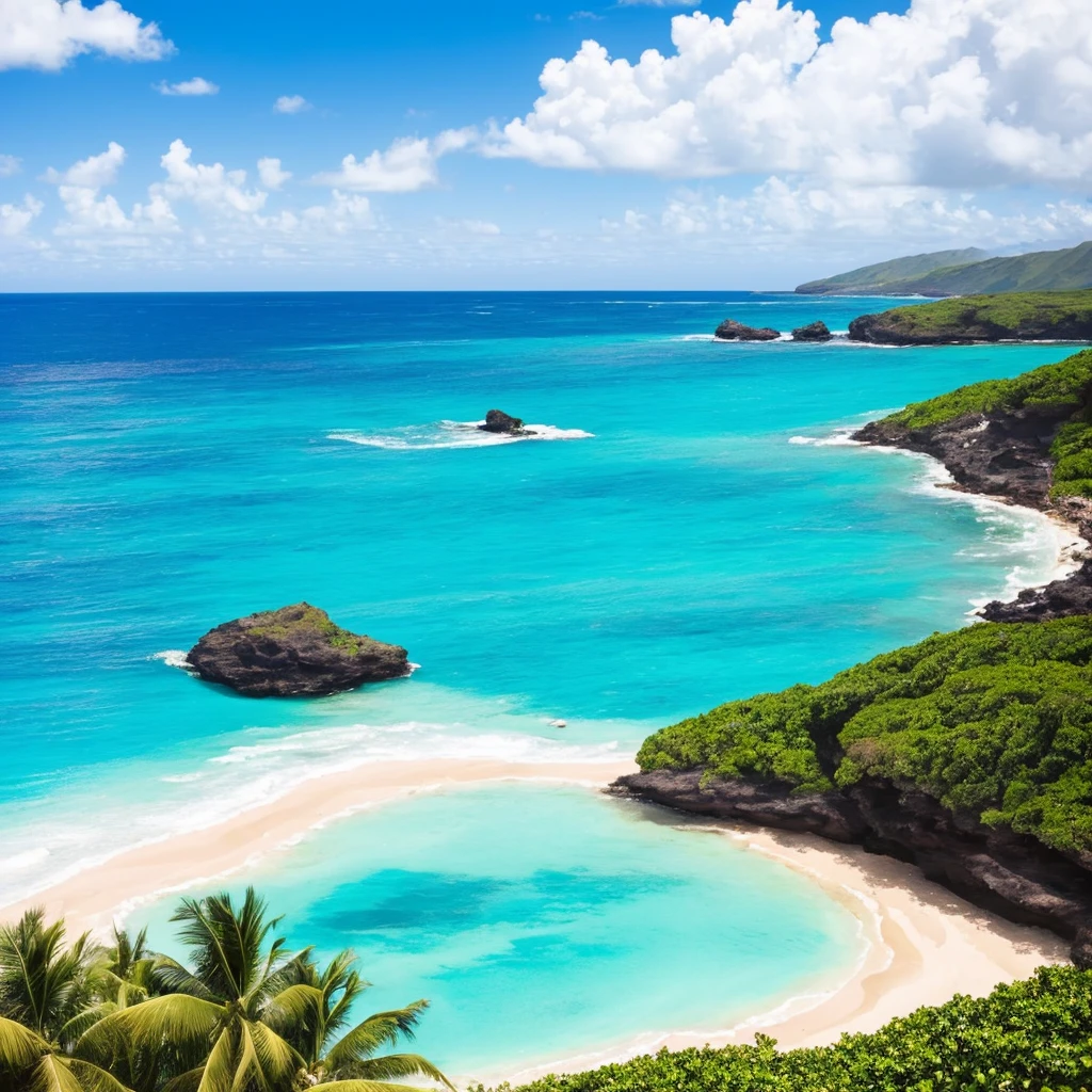 there is a man standing on the beach with a surfboard, carribean turquoise water, blue waters, turquoise water, turquoise ocean, the ocean in the background, a photo of the ocean, azure blue water, ocean in the background, varadero beach, clear blue water, shades of blue, ocean shoreline on the horizon, azure water, hawaii beach