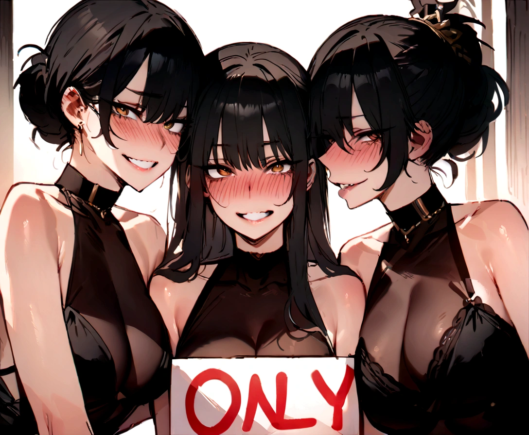 masterpiece, best quality, 3 Korean girls close to one another, deep blush, grin, looking at viewer, holding a sign that says BWC Only