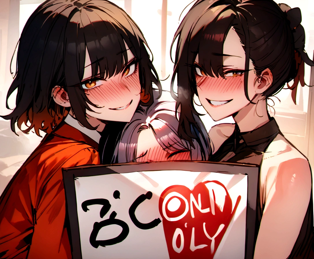 masterpiece, best quality, 3 Korean girls close to one another, deep blush, grin, looking at viewer, holding a sign that says BWC Only