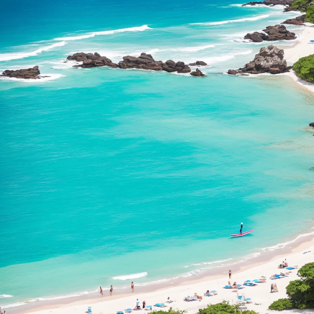 there is a man standing on the beach with a surfboard, carribean turquoise water, blue waters, turquoise water, turquoise ocean, the ocean in the background, a photo of the ocean, azure blue water, ocean in the background, varadero beach, clear blue water, shades of blue, ocean shoreline on the horizon, azure water, hawaii beach