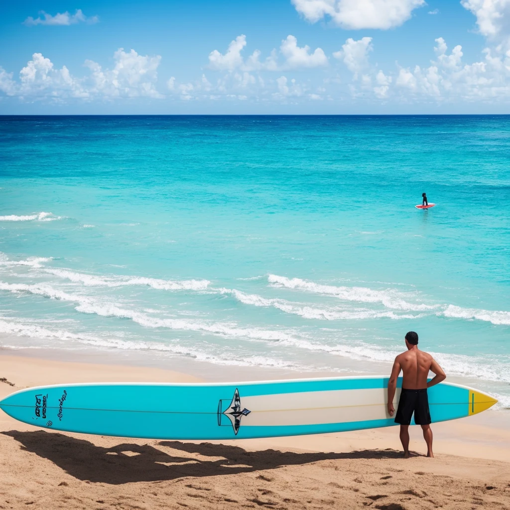 there is a man standing on the beach with a surfboard, a photo by Tom Wänerstrand, pexels, fine art, carribean turquoise water, blue waters, turquoise water, turquoise ocean, the ocean in the background, a photo of the ocean, azure blue water, ocean in the background, varadero beach, clear blue water, shades of blue