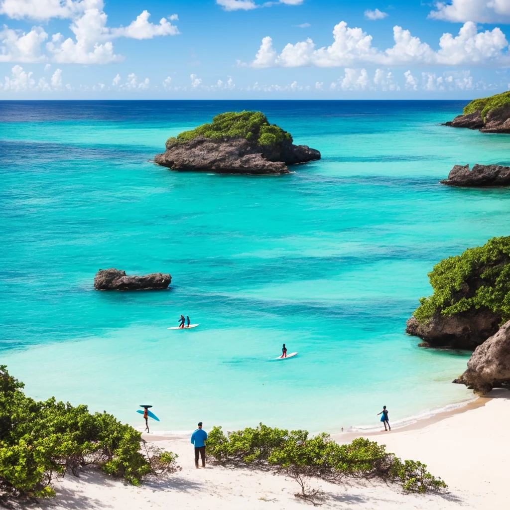 there is a man standing on the beach with a surfboard, carribean turquoise water, blue waters, turquoise water, turquoise ocean, the ocean in the background, a photo of the ocean, azure blue water, ocean in the background, varadero beach, clear blue water, shades of blue, ocean shoreline on the horizon, azure water, hawaii beach