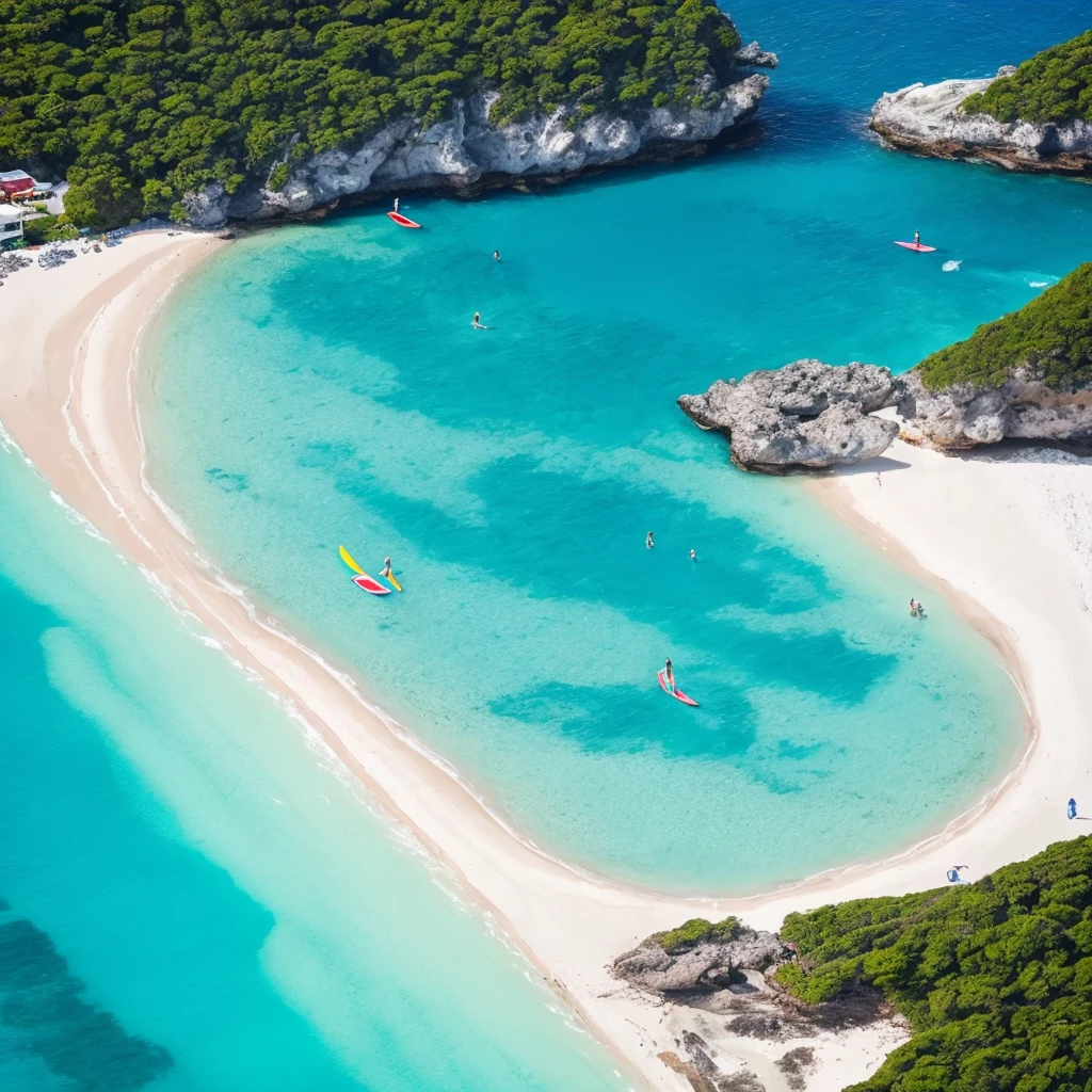 there is a man standing on the beach with a surfboard, a photo by Tom Wänerstrand, pexels, fine art, carribean turquoise water, blue waters, turquoise water, turquoise ocean, the ocean in the background, a photo of the ocean, azure blue water, ocean in the background, varadero beach, clear blue water, shades of blue