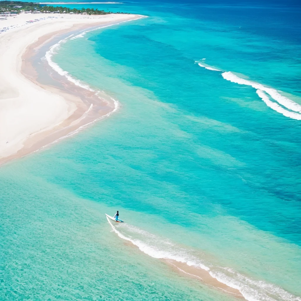 there is a man standing on the beach with a surfboard, carribean turquoise water, blue waters, turquoise water, turquoise ocean, the ocean in the background, a photo of the ocean, azure blue water, ocean in the background, varadero beach, clear blue water, shades of blue, ocean shoreline on the horizon, azure water, hawaii beach